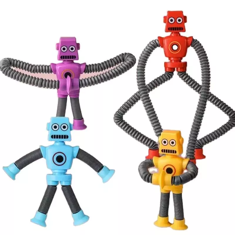 Four robot fidget toys with stretchy arms in turquoise, red, yellow and purple